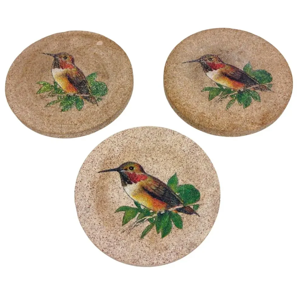 VTG ThirstyStone Hummingbird Coasters Set of 3 Sandstone Drink Bar Cork Back